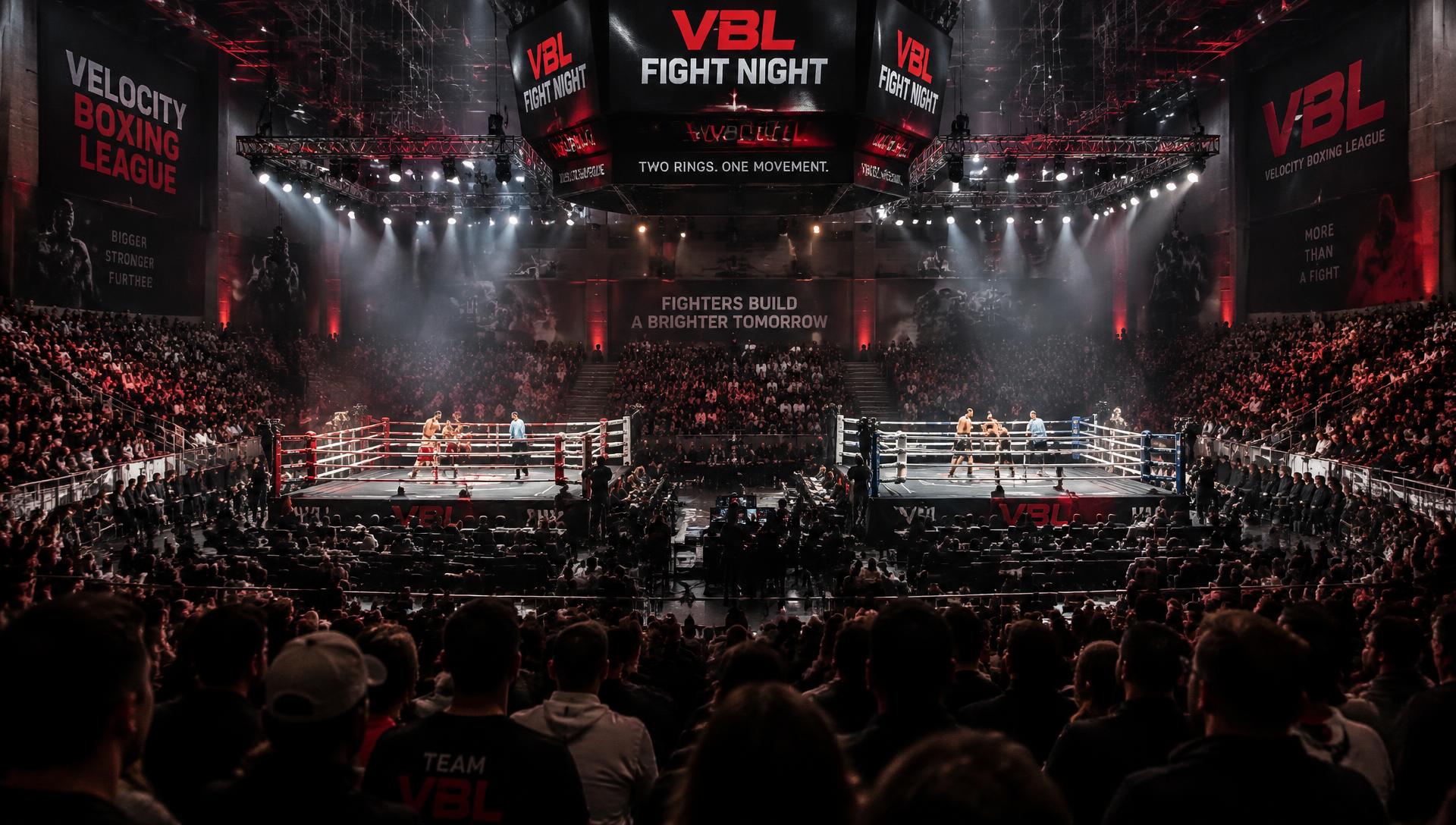 Velocity Boxing League arena with packed bleachers around two lit rings